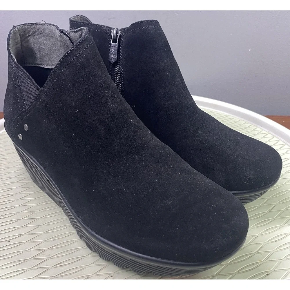 SKECHERS Womens Parallel Ditto Black‎ Suede Leather Ankle Boots Wedge Heel Sz. 9